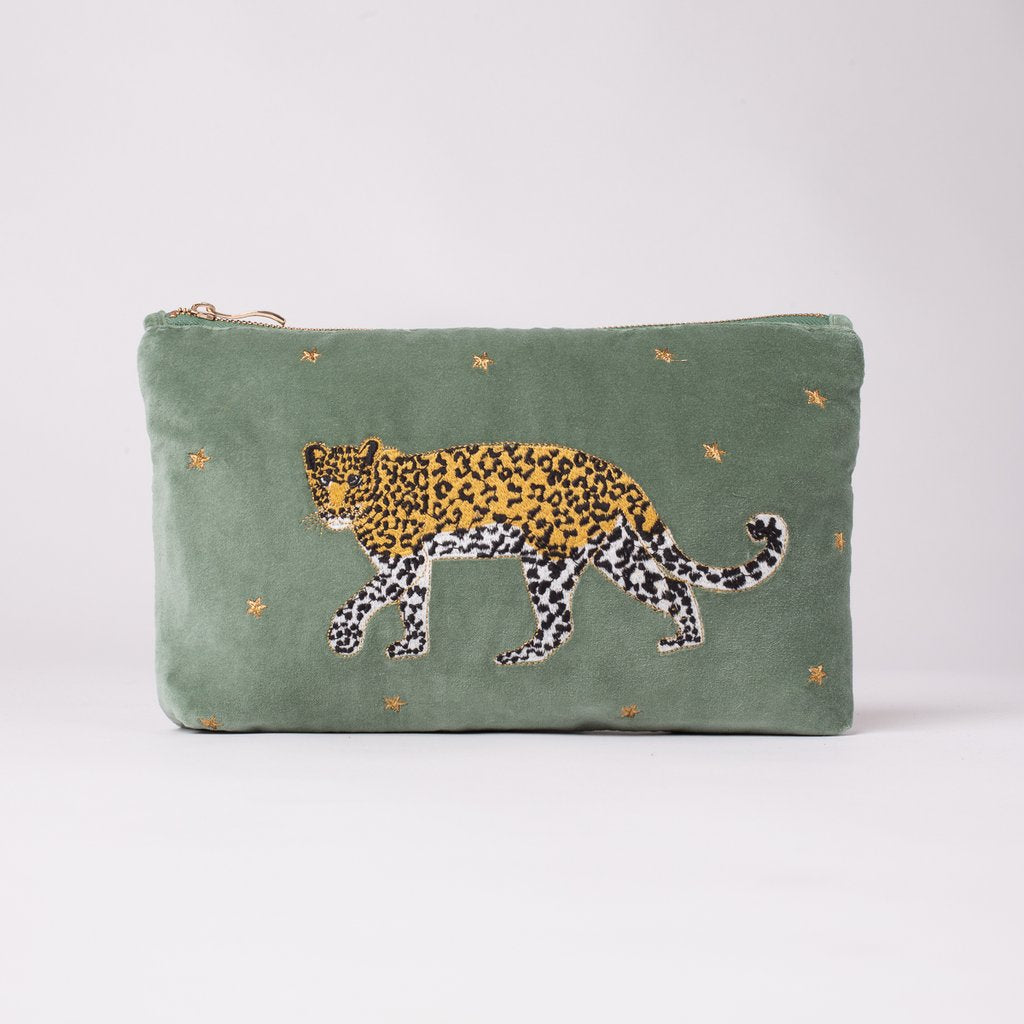 Leopard Khaki Velvet Travel Pouch