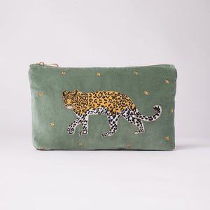 Leopard Khaki Velvet Travel Pouch