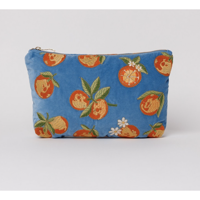 Oranges Blue Velvet Travel Pouch