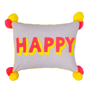 Happy Embroidered Pink And Yellow  Cushion