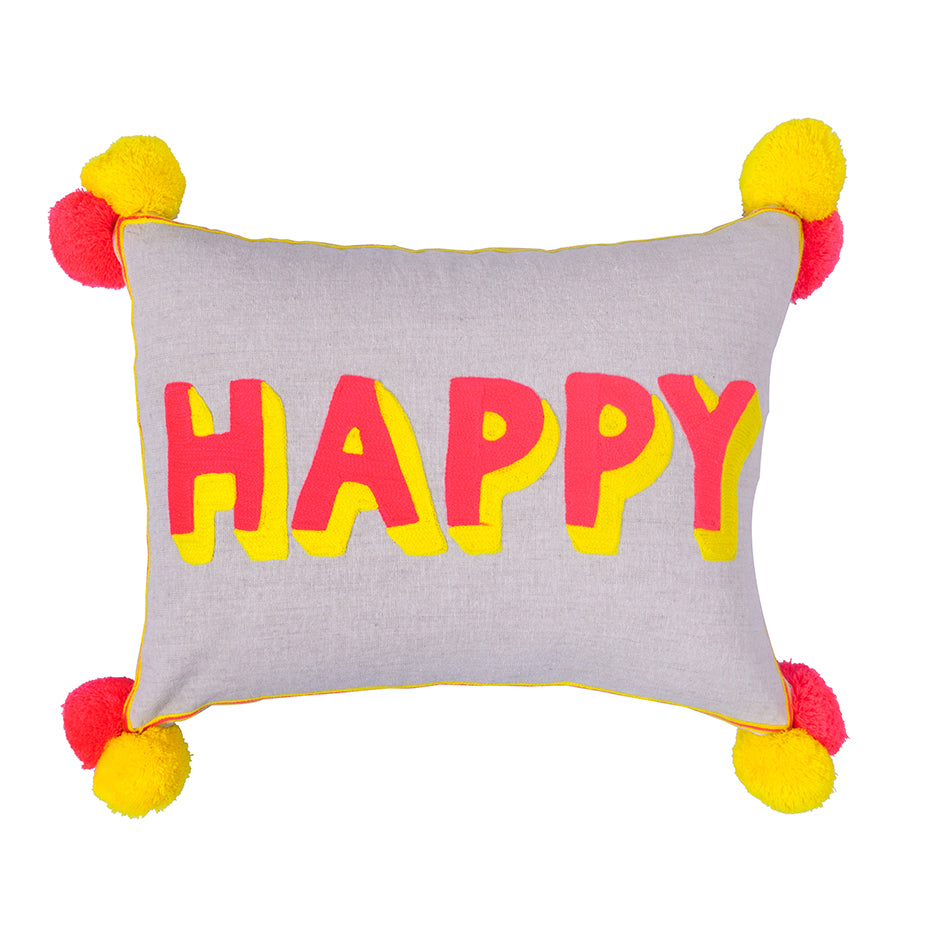Happy Embroidered Pink And Yellow  Cushion