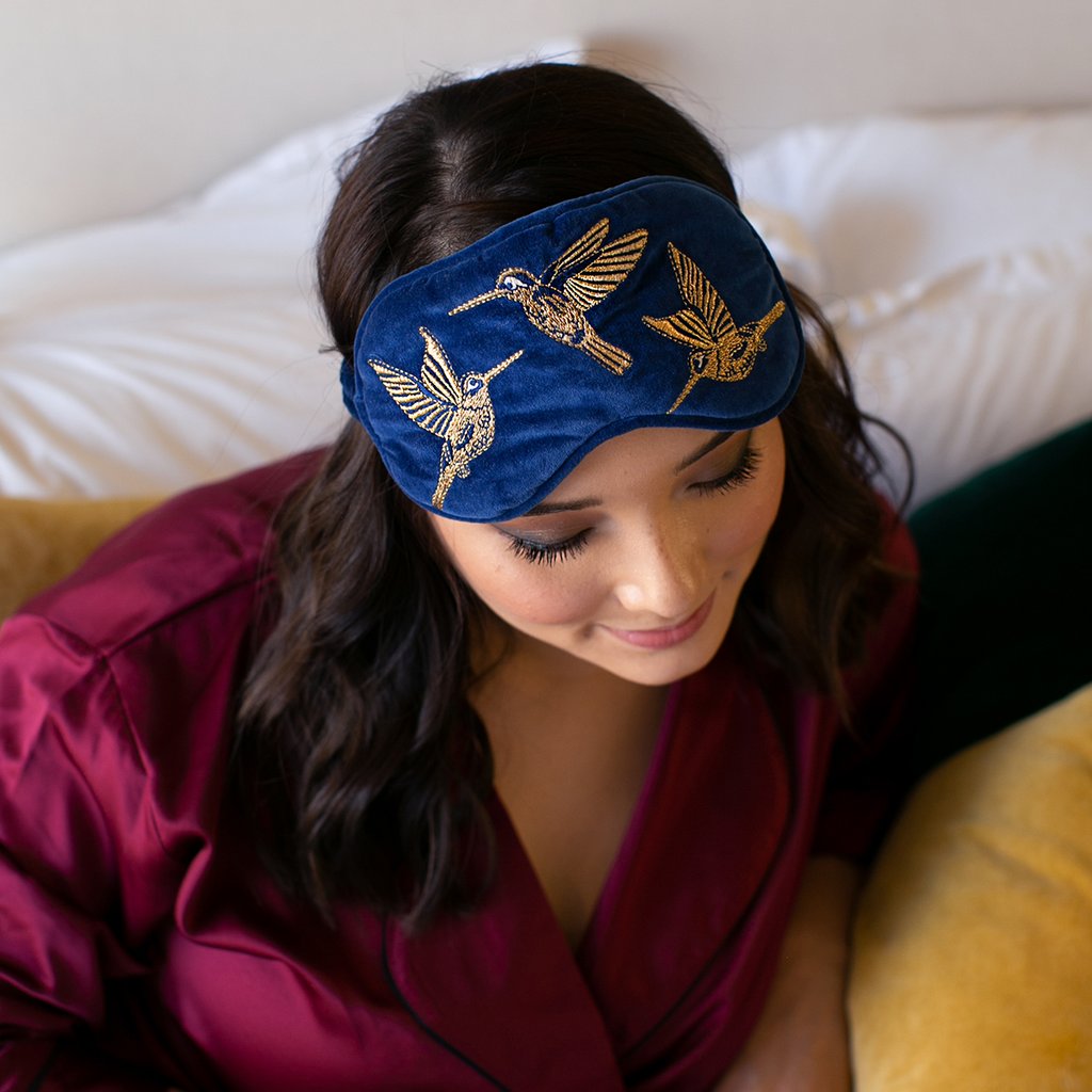 Hummingbird Navy Velvet Eye Mask