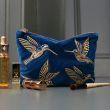 Load image into Gallery viewer, Cobalt Velvet Hummingbird Make Up Bag