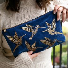 Load image into Gallery viewer, Hummingbird Blue Velvet Travel Pouch