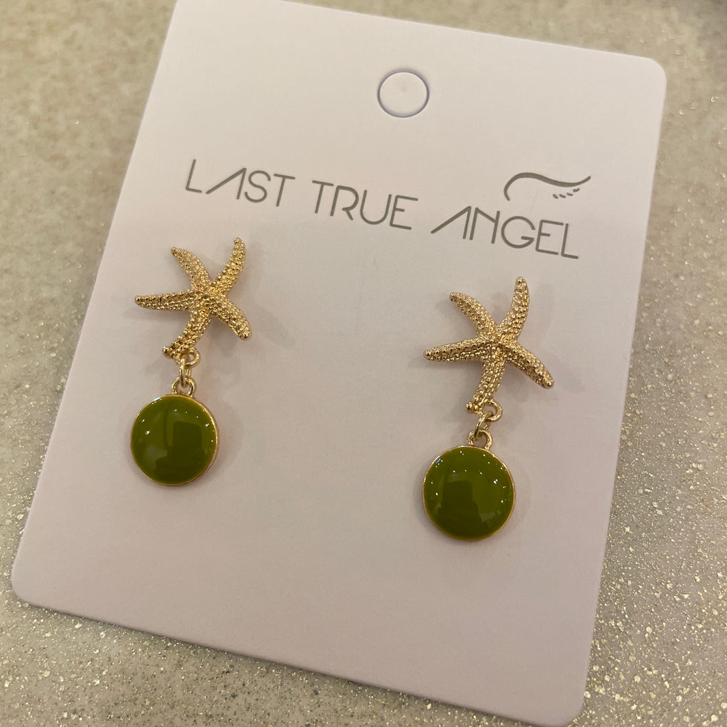 Gold Starfish With Green Drop Earrings