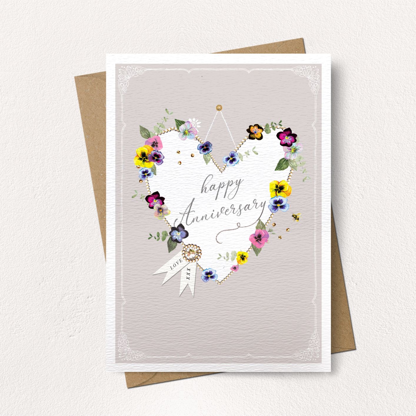 Happy Anniversary Card Heart and Flowers