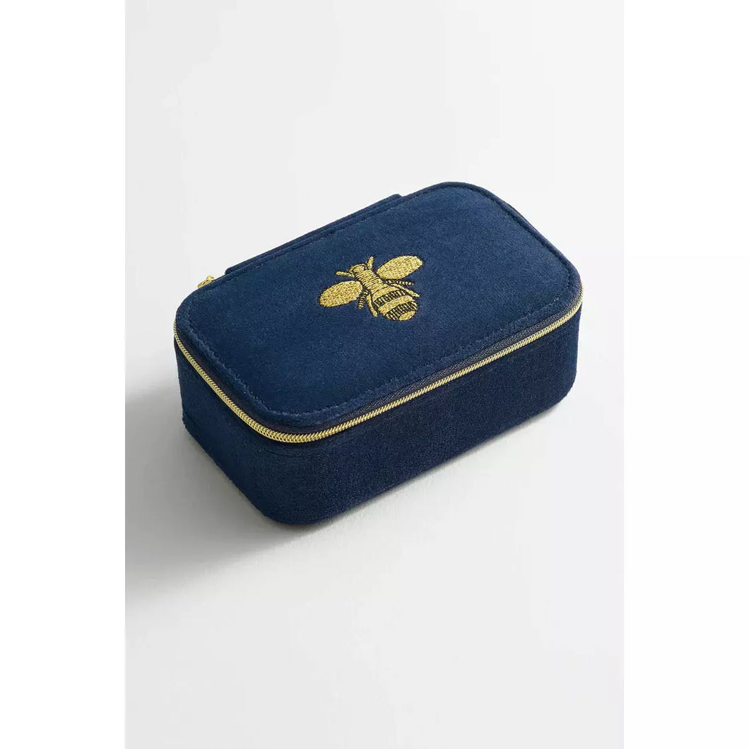 Navy Bee Embroidered Velvet Jewellery Box