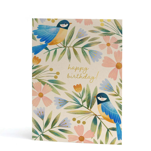 Blue Bird Floral Happy Birthday Card
