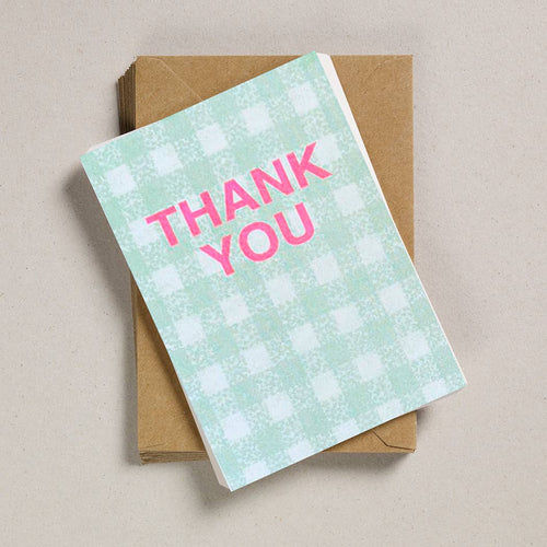 Set of 6 Mint Gingham Thank you Notecards
