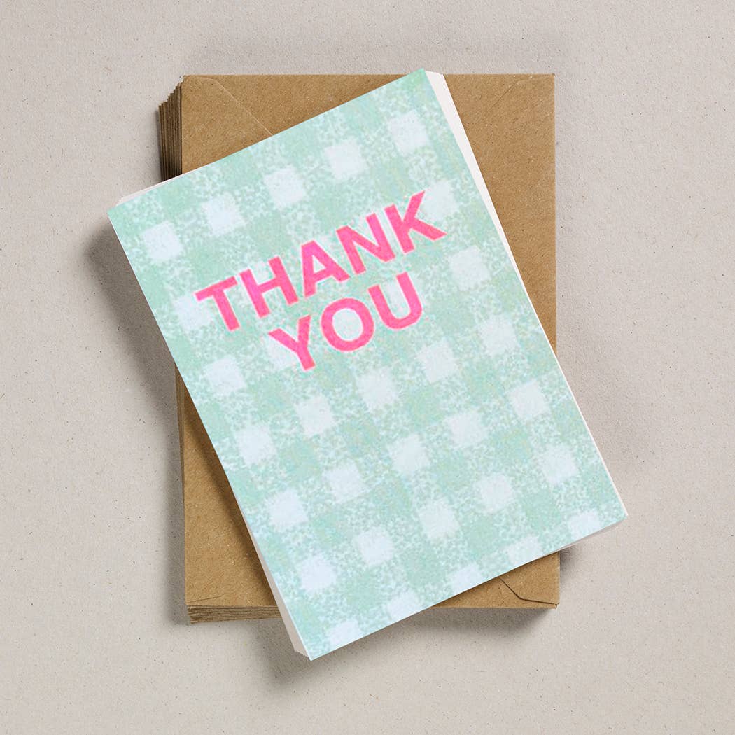 Set of 6 Mint Gingham Thank you Notecards