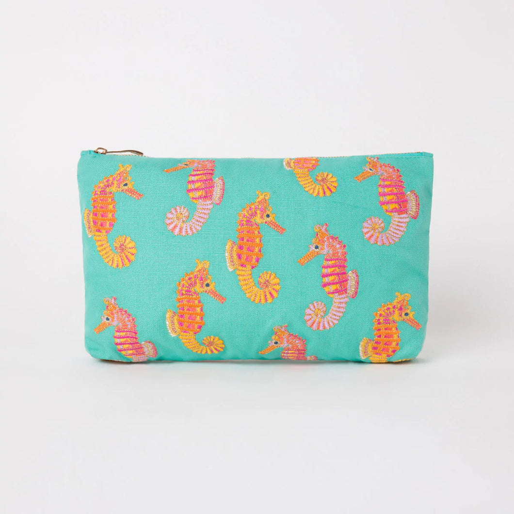 Seahorse Turquoise Embroidered Everyday Pouch