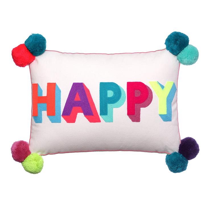 Happy Embroidered Multi Colour Cushion