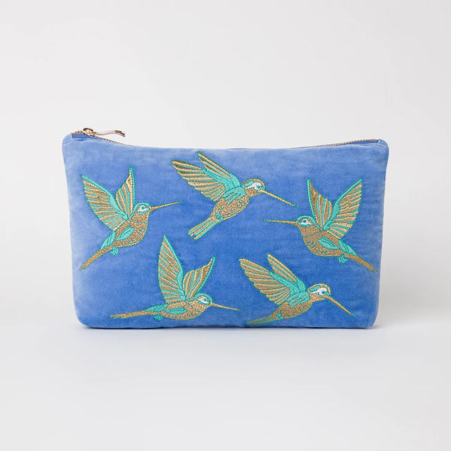 Hummingbirds Mid Blue Velvet Everyday Pouch
