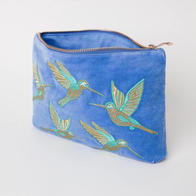 Hummingbirds Mid Blue Velvet Everyday Pouch