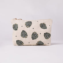 Load image into Gallery viewer, Monstera Leaf Natural Embroidered Travel Pouch