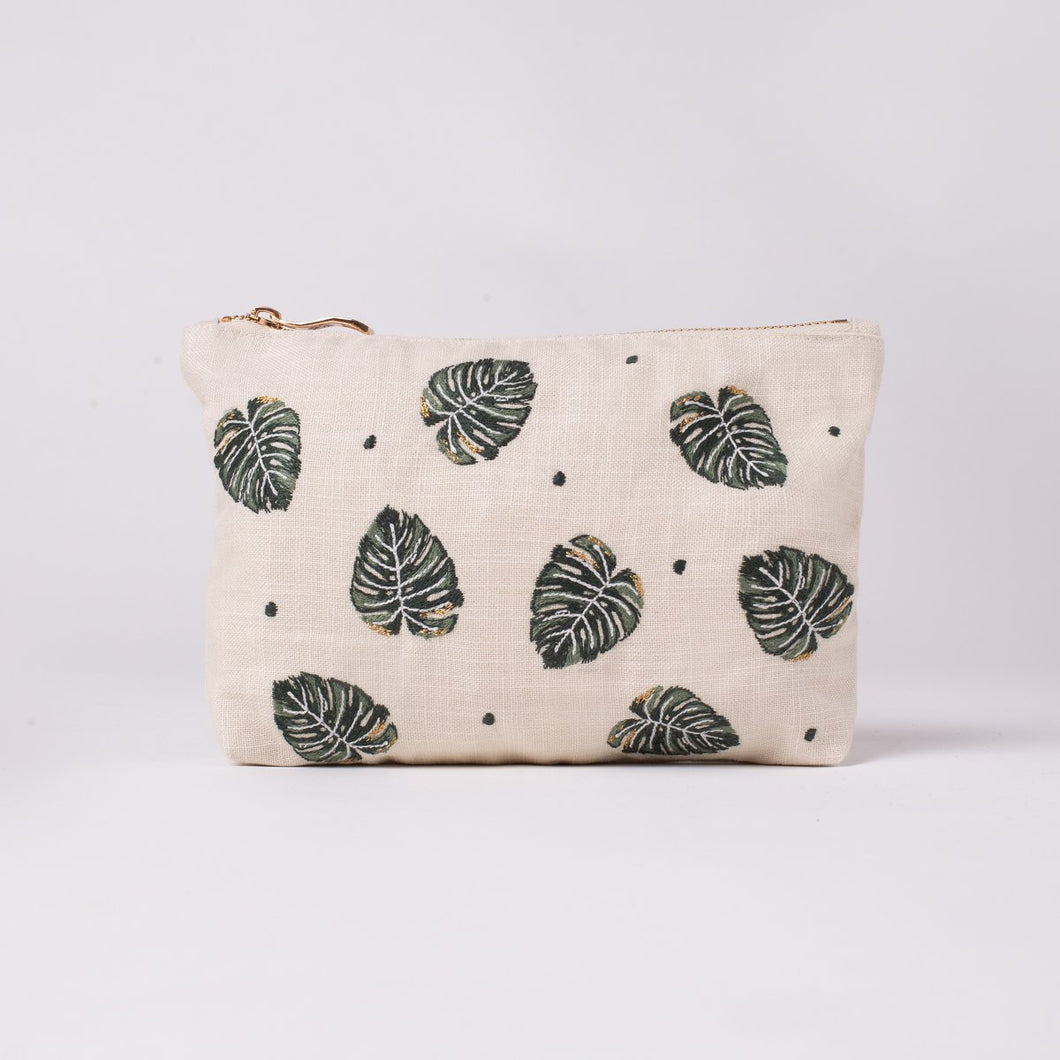 Monstera Leaf Natural Embroidered Travel Pouch