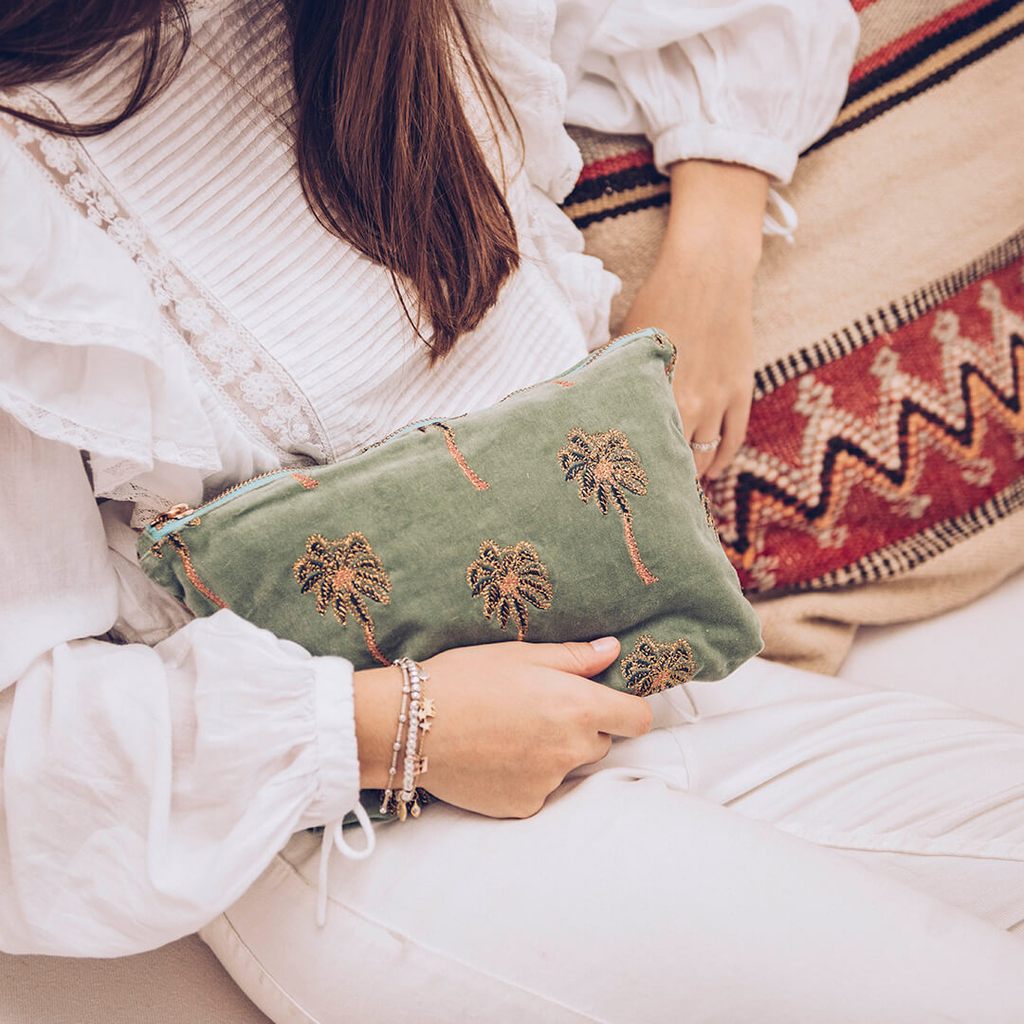 African Palmier Khaki Velvet Travel Pouch
