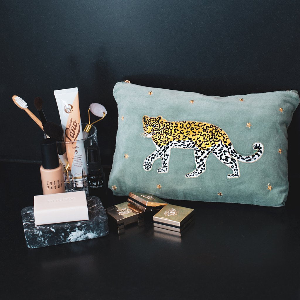 Leopard Khaki Velvet Travel Pouch