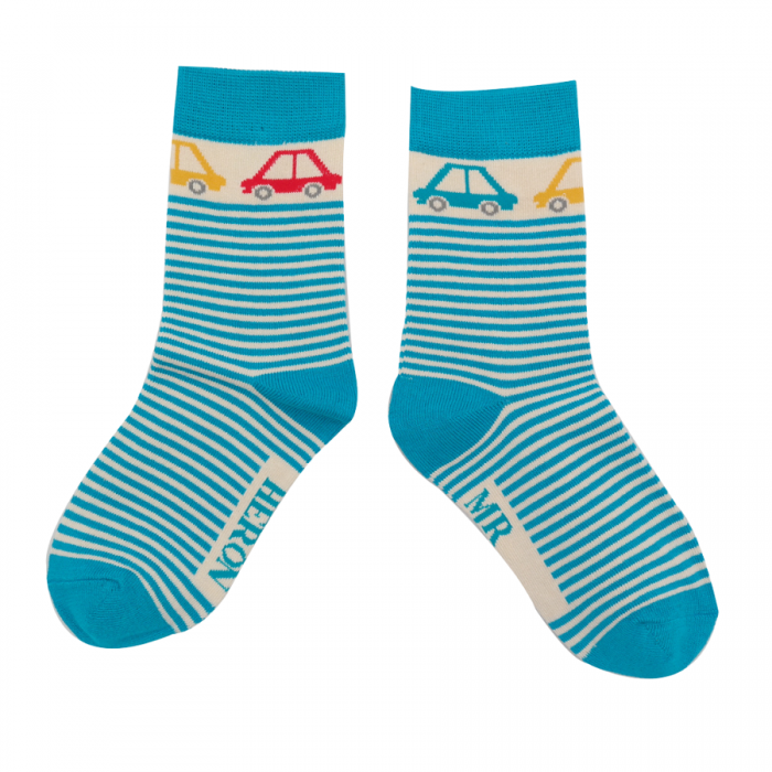 Cars And Stripes Teal Bamboo Socks - Age 4-6 Years