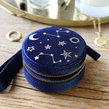 Load image into Gallery viewer, Navy Starry Night Velvet Mini Travel Jewellery Case