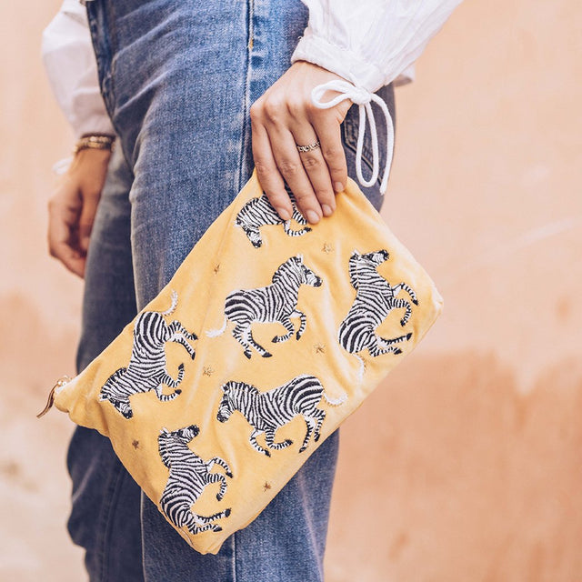 Zebra Mustard Velvet Everyday Pouch